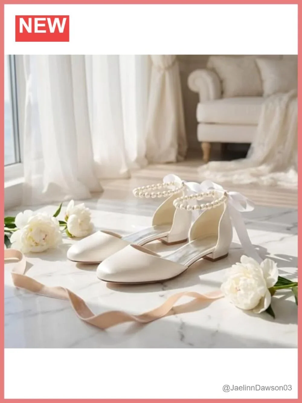 Satin Wedding Flats with Pearl Ankle Strap and Ribbon Tie, Low Heel Dress Shoes